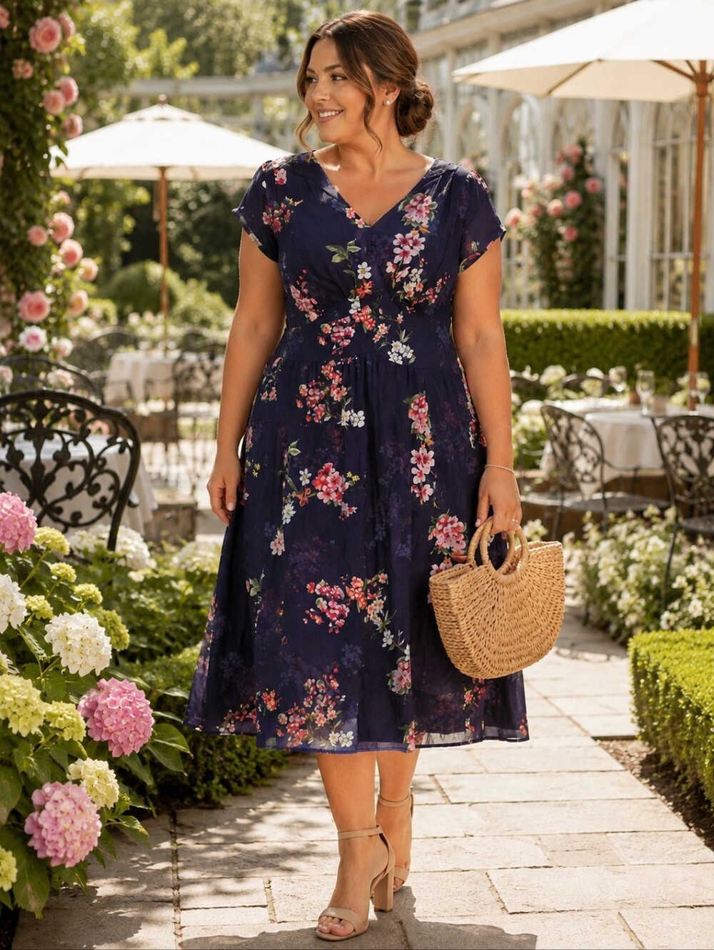 eShakti XL 1X 16 Navy Floral Midi Dress Empire Waist Garden Party Wedding Guest